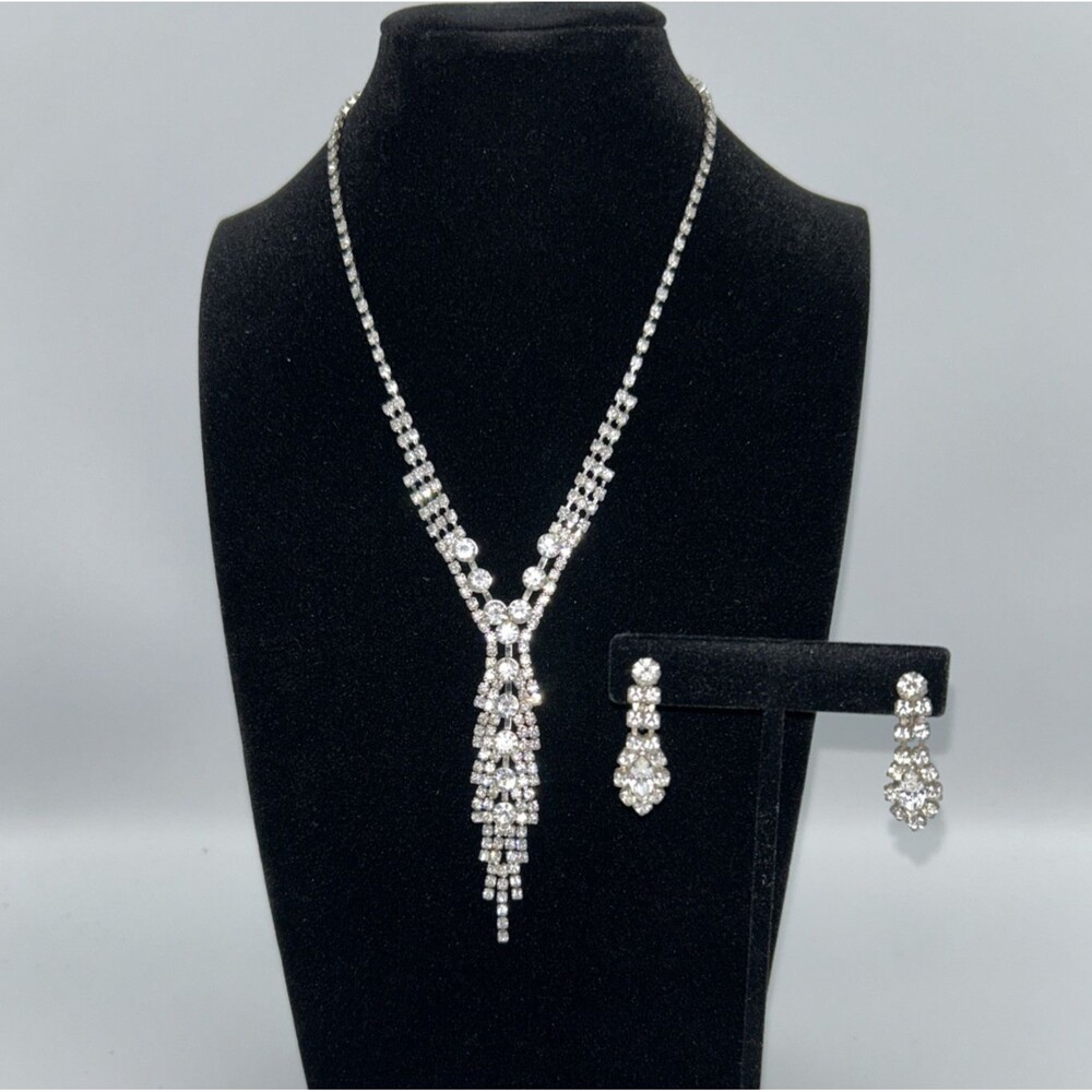 Vintage Clear Rhinestone Necklace and Clip-on Earring Set Silver-Tone - NEW